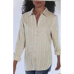 Orvis Linen Button Up Shirt Women's size XL Tan & Ivory Stripe Beachy